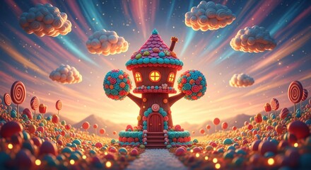 a cartoon house in the middle of a field of candy