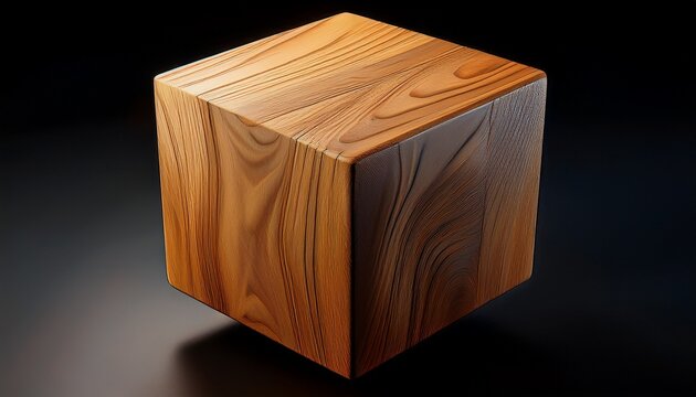 3d rendering of a light brown wooden cube the cube s edges are sharply defined showing a wood grain texture it appears to be floating in space against a black background