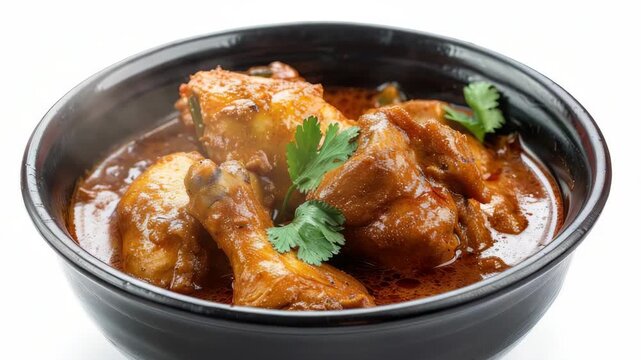 A tantalizing dish of authentic Indian cuisine, featuring succulent chicken in a rich and flavorful curry sauce, topped with fresh green cilantro leaves.
