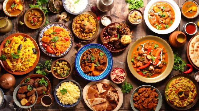 A vibrant overhead view showcasing a rich assortment of traditional aromatic dishes, including flavorful curries, rice, and flatbreads, served on a rustic wooden table.