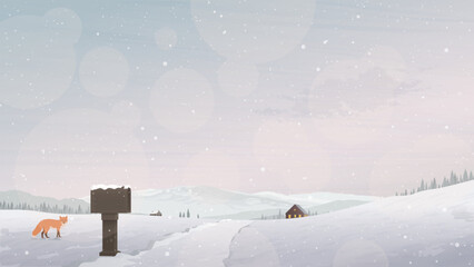 Lonely fox in minimalist countryside landscape covered by snow