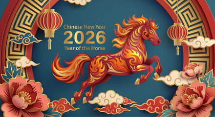 Chinese New Year 2026 Year of the Horse. Blue paper cut vector banner with red galloping horse, gold text and lanterns.