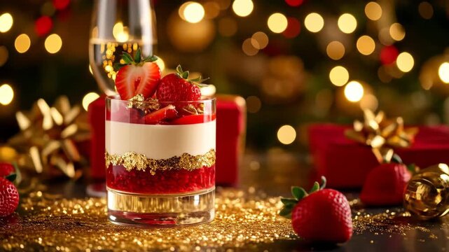Elegant layered dessert with fresh strawberries and sparkling gold flakes, surrounded by festive holiday decorations and sparkling lights.