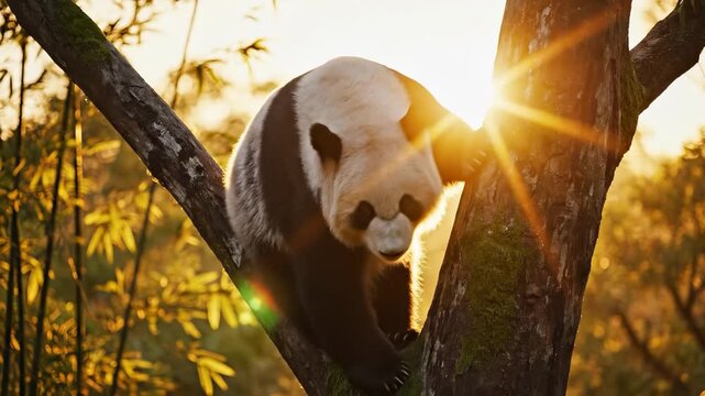 A panda climbs a mossy tree trunk, basking in the warm glow of sunset. The panda and tree create a serene scene, highlighting the beauty of the natural environment.
