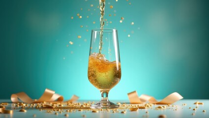 Effervescent golden beverage streams into a tall glass amidst shimmering confetti and silk ribbons