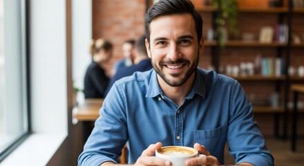 a man sitting at a table with a cup of coffee