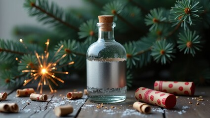 Festive holiday arrangement features sparkling light, glass container, and paper scrolls on wooden surface