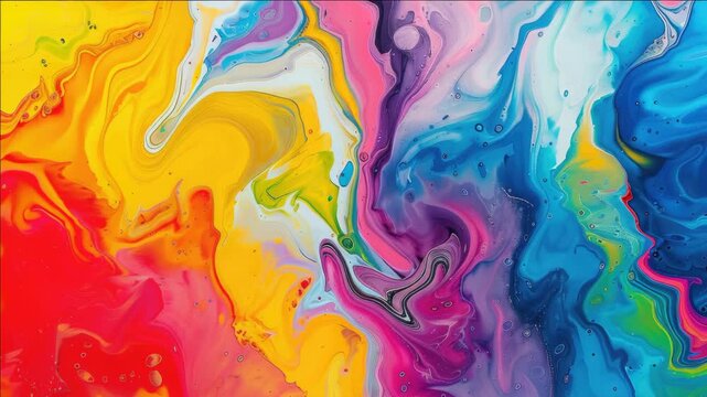 Brightly colored abstract painting with flowing, swirling patterns. Vivid hues of yellow, orange, pink, blue, and purple.
