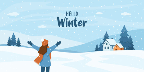 Hello Winter. Winter Landscape. Girl Enjoying Snow. Flat Cartoon Vector Illustration of Snowy Countryside with Mountains, Pine Trees and House. Minimal Winter Landscape