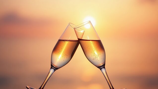 Two sparkling wine flutes meet in a toast against a bright setting sun - Powered by Adobe