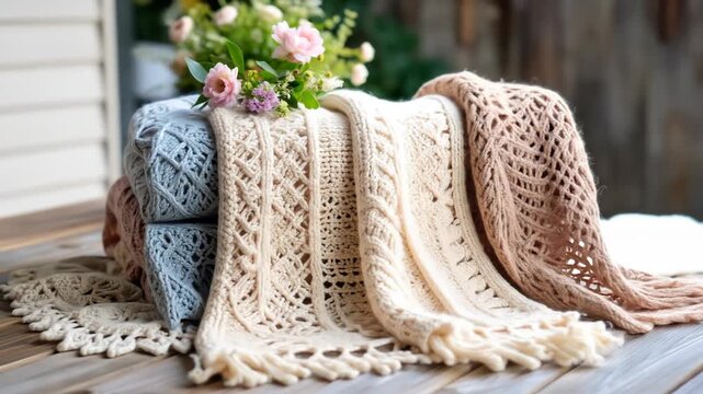 A cozy stack of soft, pastel knitted blankets with intricate patterns, adorned with flowers, on a rustic wooden table.