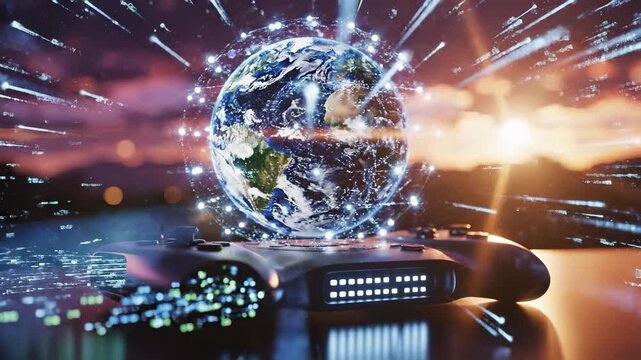 A gaming controller is in the foreground, with a vibrant Earth exploding into light and energy behind it. The gaming controller and the Earth represent interactive technology and digital experiences.