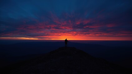 Solitary hiker observes intense orange and red sunset colors from a dark mountain peak.