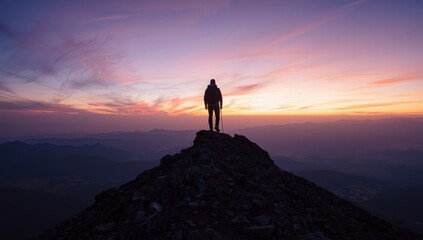 Solitary hiker stands atop a rugged mountain peak against a colorful twilight sky
