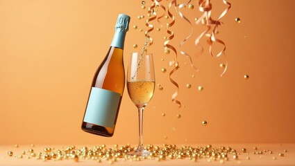 Effervescent beverage pours into a flute glass amid falling golden decorations