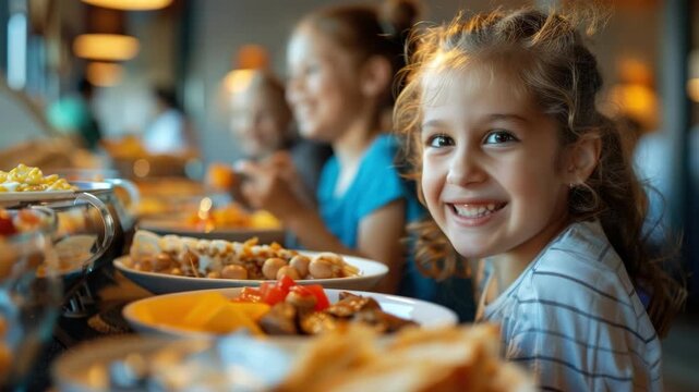 A young girl with a broad smile sitting in front of a variety of food dishes on plates and bowls.