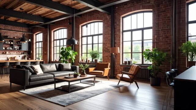 Spacious modern loft apartment with exposed brick walls, large windows, and stylish furniture, featuring an open-plan living and kitchen area.