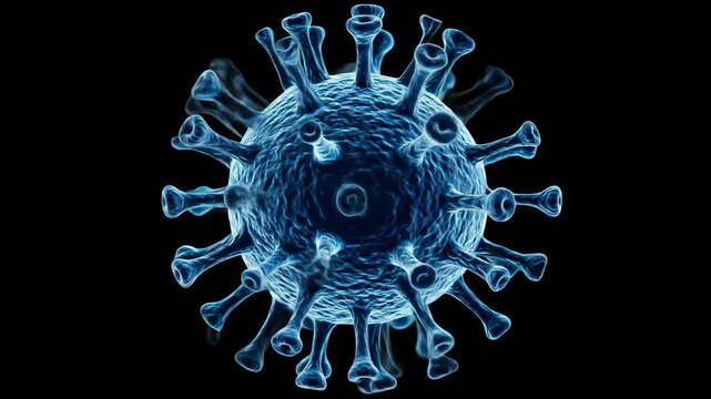 Close-up view of a microscopic pathogen or virus-like particle in blue tones on a dark background, representing disease or infection.