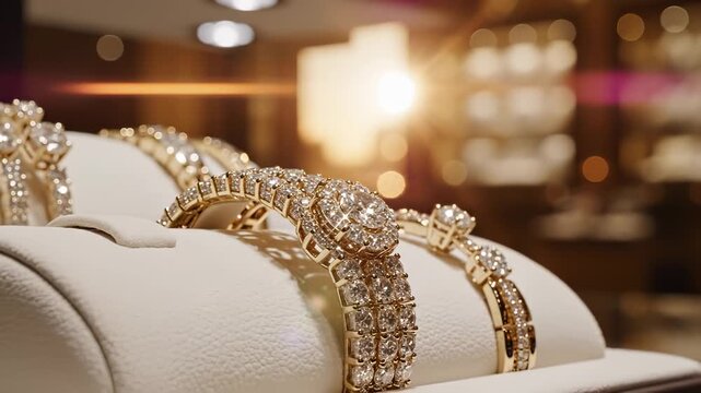 A golden jewelry display showcases elegant bracelets adorned with sparkling diamonds in a softly lit setting. The bracelets and diamonds catch the light beautifully, enhancing their luxury.