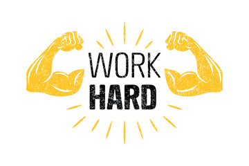 Work Hard Quote, Vector Illustration. Work Hard Typography with Flexed Biceps Icons and Sunburst Rays. Motivational Slogan for Gym Poster, Fitness Branding. T Shirt Print, Work Hard