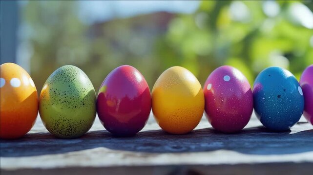 A collection of vibrant and speckled Easter eggs.
