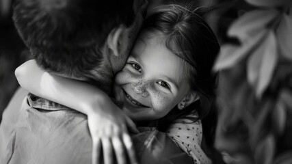 A warm moment captured as a child hugs someone with a bright smile on their face. A heartwarming of familial love.