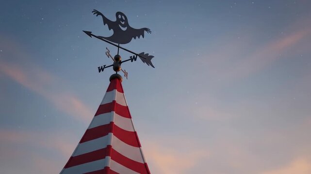 A whimsical ghost weathervane atop a festive striped roof under a soft twilight sky.