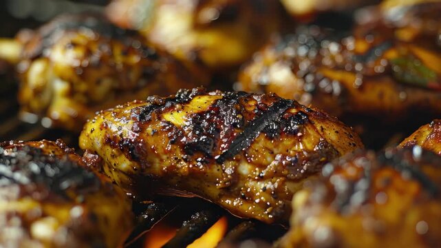 Close-up of succulent grilled chicken on a skewer with grill marks and basting juices.