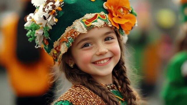 A young girl wearing traditional Irish dance costume, smiling and looking over her shoulder.
