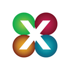this is a letter logo design of initial X on a four circle round shape in different colors that looks good on a white background