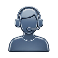 Glossy metallic blue-grey customer service agent icon with headset and microphone, representing online support and communication, isolated on transparent background.