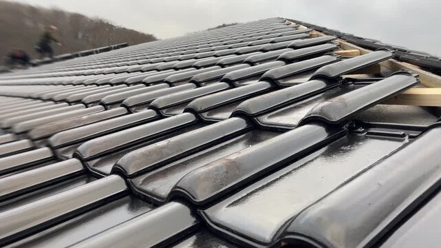 Pitched Roof With Interlocking Ceramic Tiles, Wet Shiny Roof Tiles On Sloped Surface Under Cloudy Sky, Detailed View Of Reflective Ceramic Roof Tiles On Sloped Roof Under Overcast Conditions