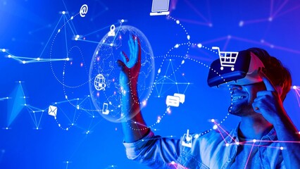 A vibrant scene showcasing a user interacting with virtual reality technology, surrounded by digital elements symbolizing global connectivity and innovation. Raster