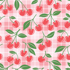 Vector Seamless Pattern with Cutout Cherry. Single, Pair of Cherries and Cluster of Cherries with Leaves, Repeated Print