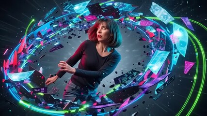Young woman in a black shirt with dark hair looking surprised as she runs through a swirling vortex of colorful geometric shapes and light - Powered by Adobe