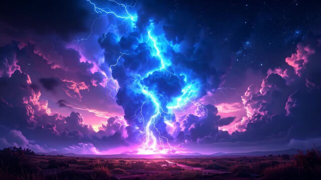 Dramatic lightning strikes illuminate a vibrant purple and blue storm sky over a vast open landscape at night.