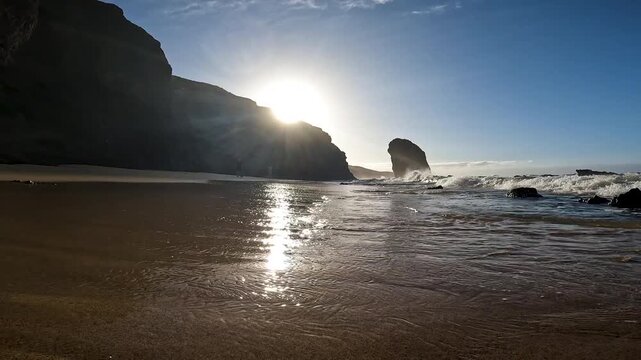 Monolith of Roque del Moro in the volcanic coast line of Cofete, in the Atlantic island of Fuerteventura, Spain. 