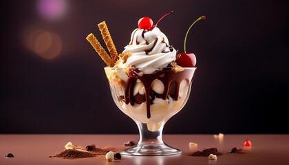 a sundae in a clear glass with whipped cream cherries chocolate syrup and other toppings visible