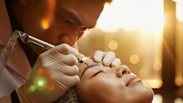 A woman carefully styles hair while wearing protective gloves in a brightly lit room. This woman uses tools and techniques to create an aesthetic look in this vibrant setting.