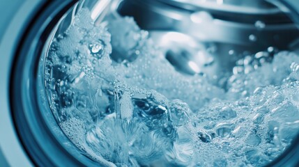 A washing machine is filled with water and bubbles