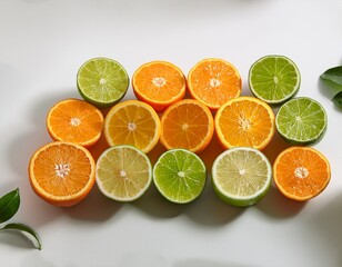 halved oranges and limes cut sides up arranged on pristine white background summer photography