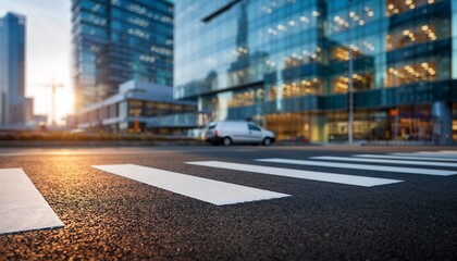 Urban asphalt street with white road markings, clean minimal composition and blurred modern city background, suitable for transportation, city life, infrastructure, and contemporary design concepts.
