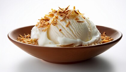 a bowl of white ice cream topped with toasted coconut flakes on a white background close up shot