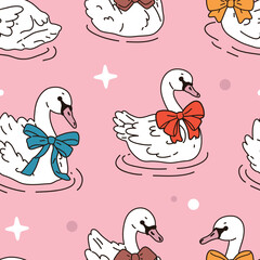 Seamless vector pattern with cute cartoon swans wearing colourful bows on their necks. Repeating illustration with outlines, perfect for children designs, textiles, wrapping paper, stationery and wall