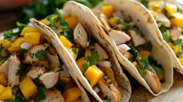 A close-up view of two mouthwatering tacos filled with tender chicken, vibrant onions, and juicy pineapple. Perfect for a summer meal or a flavorful appetizer.