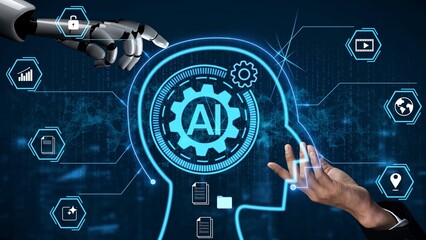 Futuristic Concept of Artificial Intelligence with Robotic Arm and Human Hand Interacting in Digital Environment Representing Technology and Innovation Gluon.