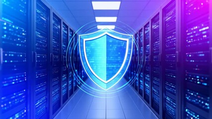 Digital shield icon protecting a futuristic data center server room with glowing blue light, symbolizing cybersecurity and network safety. - Powered by Adobe
