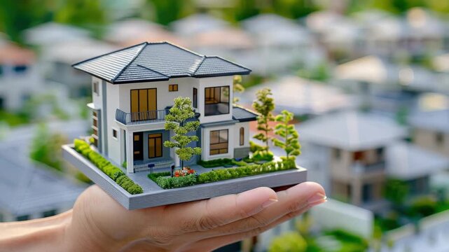 The showcases a person's hand gently cradling a scaled miniature representation of a two-story house with a modern design. The model is meticulously detailed, featuring visible windows