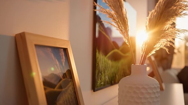 A white vase holds decorative pampas grass as sunlight streams in, illuminating the cozy interior. Framed images of serene landscapes complement the tranquil atmosphere and setting.