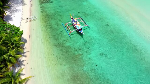 Aerial view of a tropical beach with turquoise water and a colorful outrigger boat